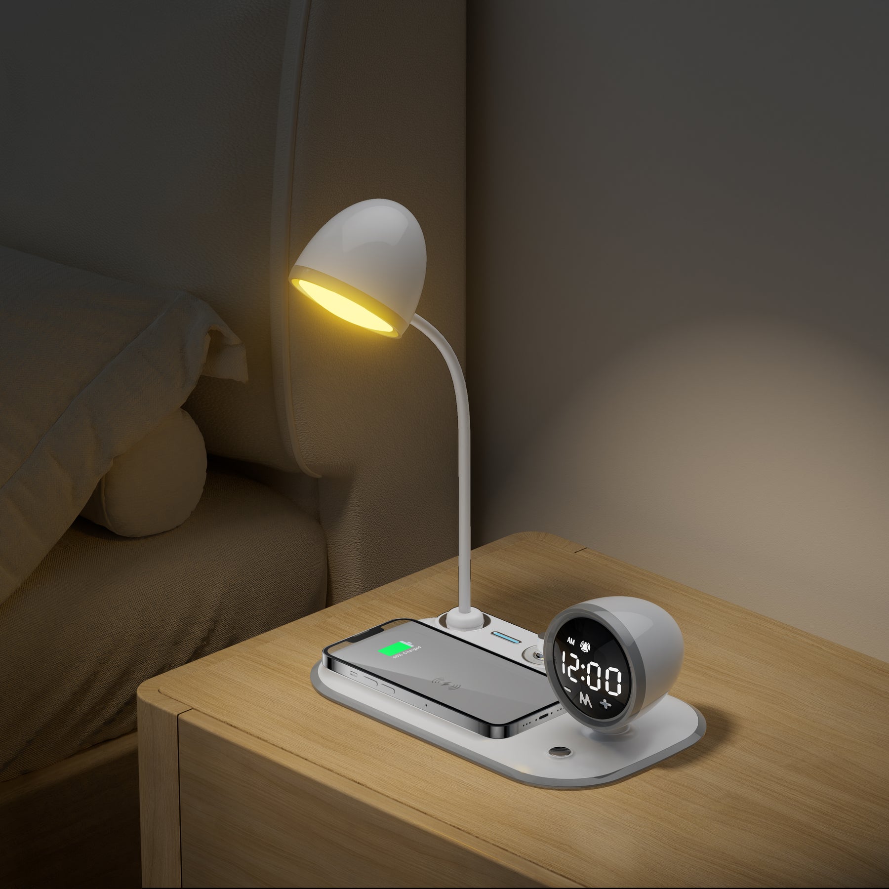 3-in-1 Bedside Clock and Wireless Charging Stand with Night Light