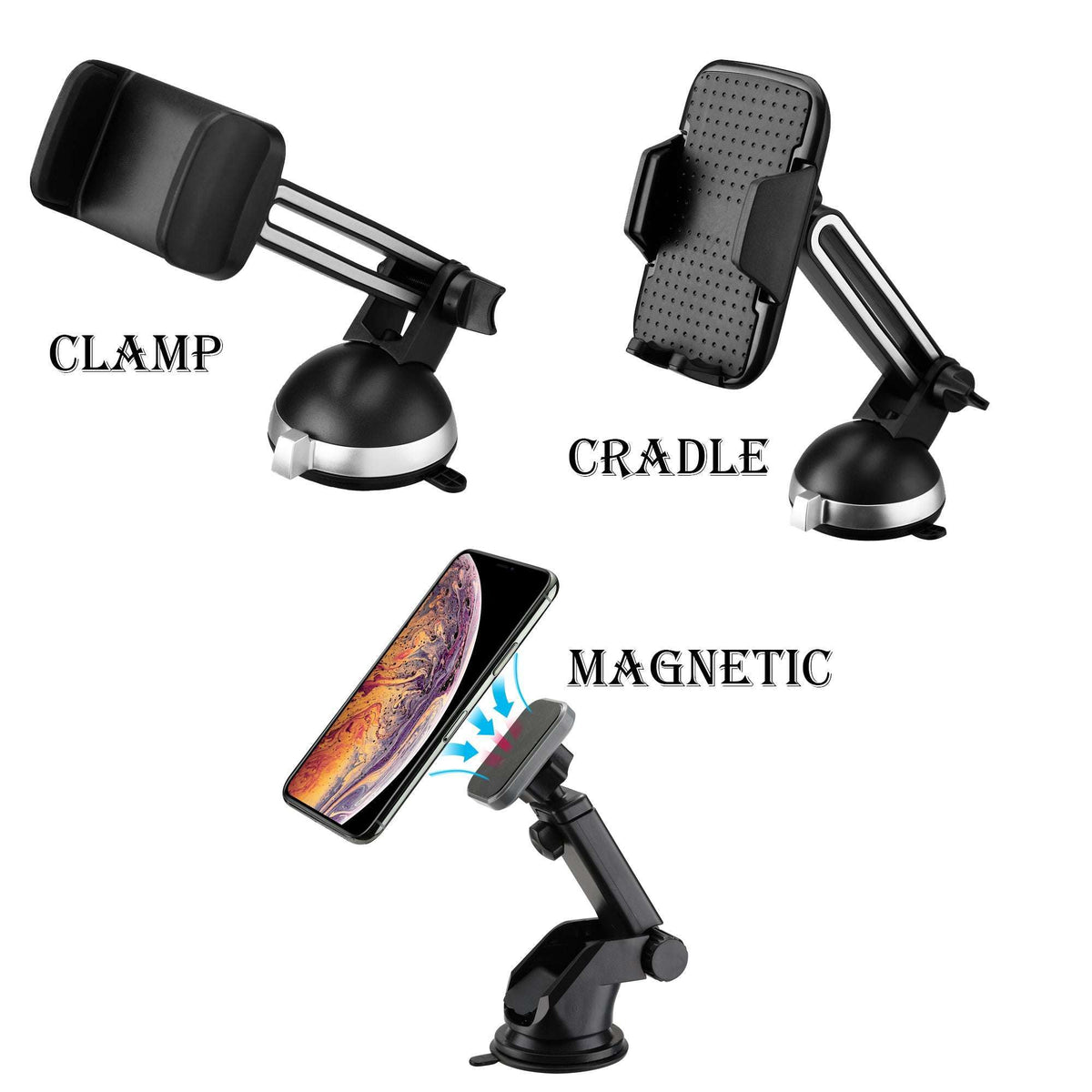 Cradle Phone Car Mount with Powerful Suction Cup, Movable Jaws, Joint